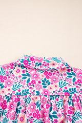 Pink Plus Size Floral Half Button Short Puff Sleeve A-line Dress Plus Size Mini Dresses JT's Designer Fashion
