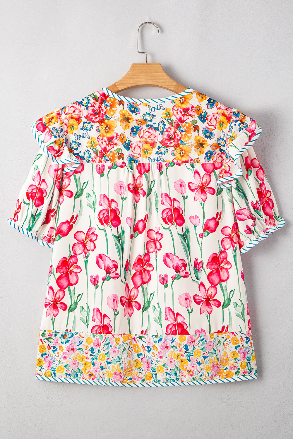 Pink Plus Size Floral Print Striped Trim V Neck Blouse Plus Size Blouses & Shirts JT's Designer Fashion