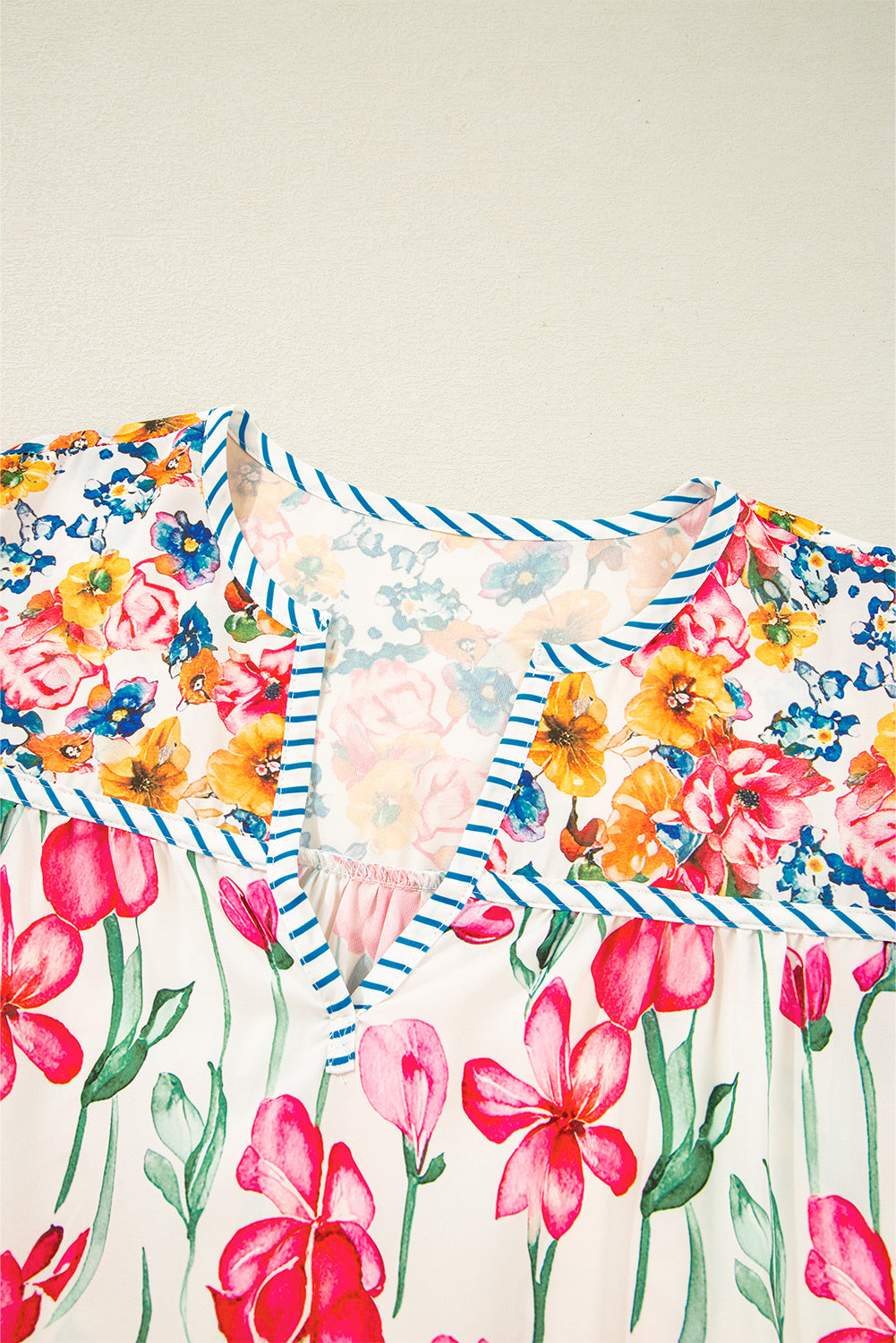 Pink Plus Size Floral Print Striped Trim V Neck Blouse Plus Size Blouses & Shirts JT's Designer Fashion