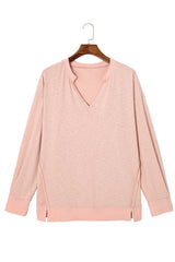 Pink Raw Cut Notched Neck Plus Size French Terry Hoodie Plus Size JT's Designer Fashion