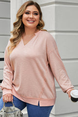 Pink Raw Cut Notched Neck Plus Size French Terry Hoodie Plus Size JT's Designer Fashion