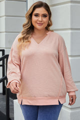 Pink Raw Cut Notched Neck Plus Size French Terry Hoodie Plus Size JT's Designer Fashion