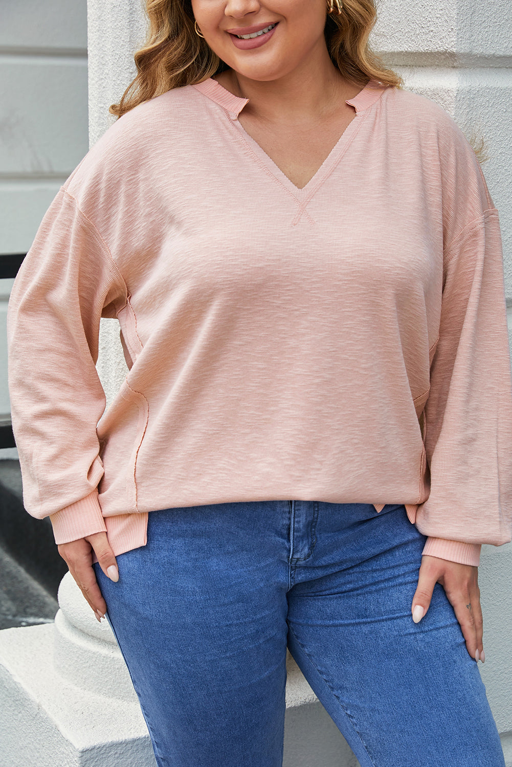 Pink Raw Cut Notched Neck Plus Size French Terry Hoodie Plus Size JT's Designer Fashion