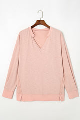Pink Raw Cut Notched Neck Plus Size French Terry Hoodie Plus Size JT's Designer Fashion