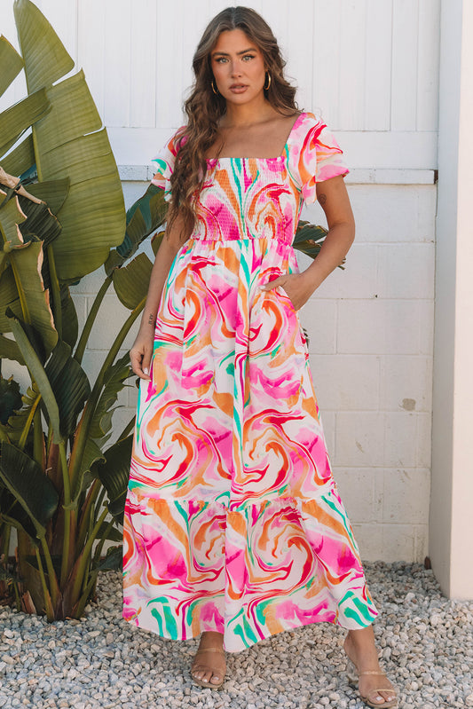 Pink Abstract Print Ruffled Sleeve Smocked Bust Long Dress Pink 100%Polyester Maxi Dresses JT's Designer Fashion