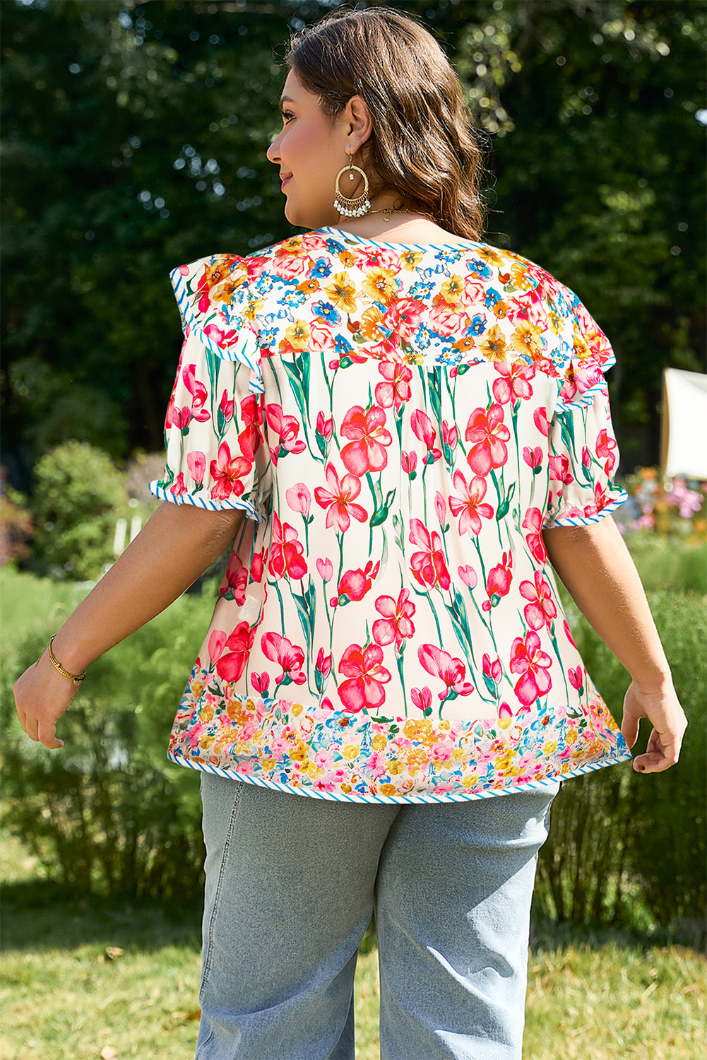 Pink Plus Size Floral Print Striped Trim V Neck Blouse Plus Size Blouses & Shirts JT's Designer Fashion