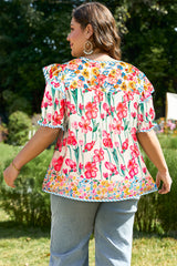Pink Plus Size Floral Print Striped Trim V Neck Blouse Plus Size Blouses & Shirts JT's Designer Fashion