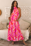 Rose Abstract Printed High Neck Knotted Nape Sleeveless Long Dress Maxi Dresses JT's Designer Fashion