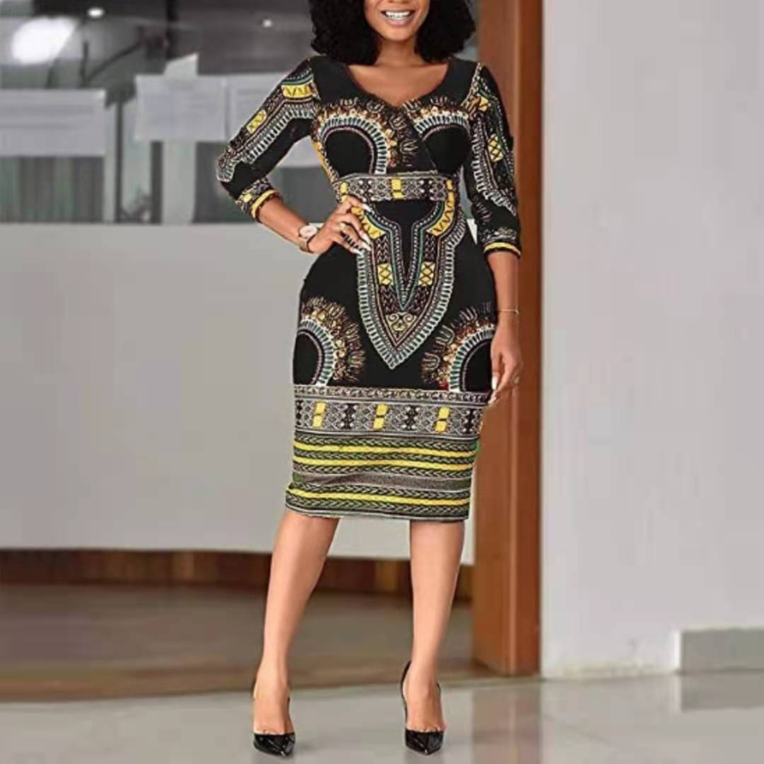 Ladies Striking Colorful Geometric Midi Dress Black Midi Dresses JT's Designer Fashion