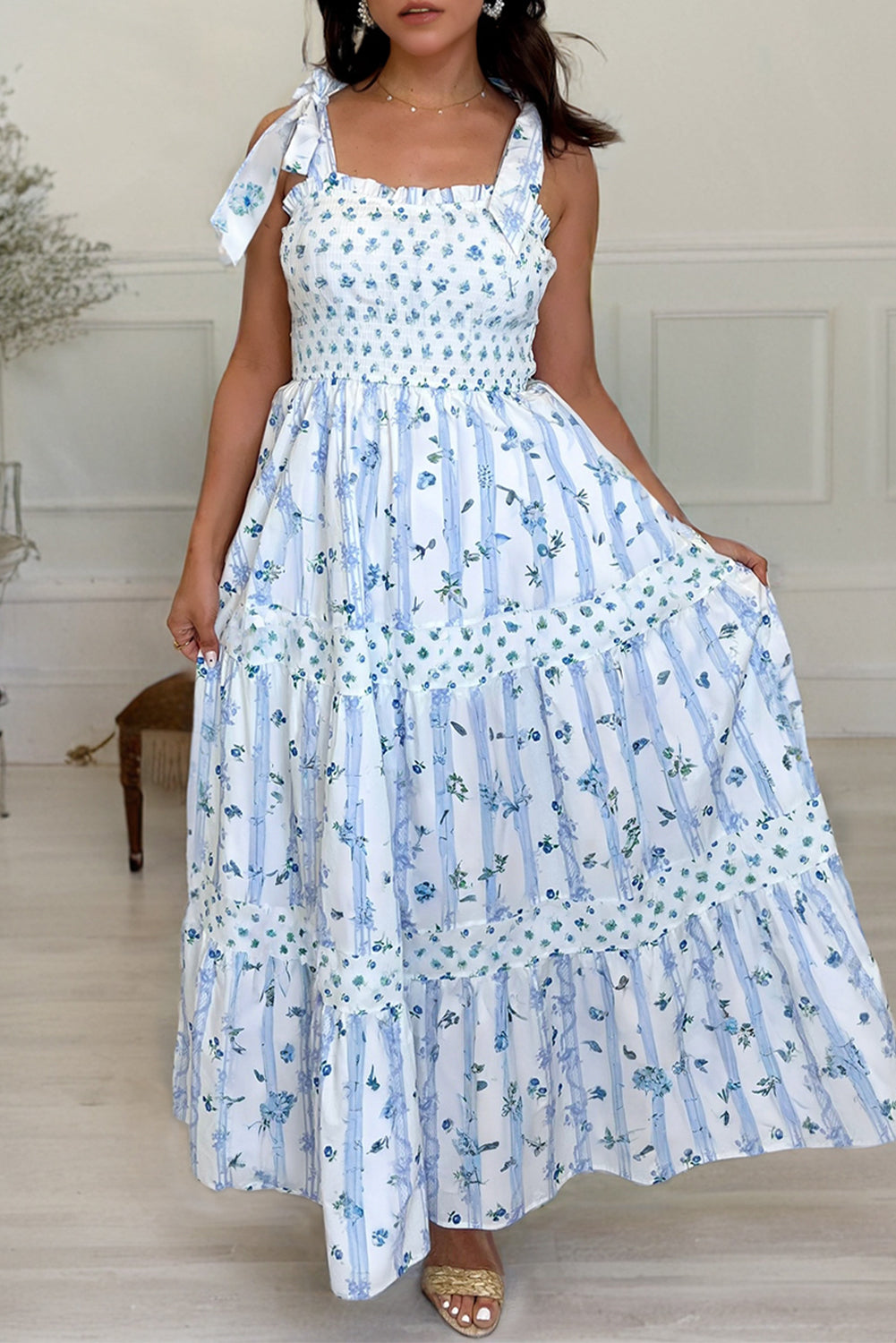 Sky Blue Floral Smocked Tied Straps A-Lined Tiered Long Dress Maxi Dresses JT's Designer Fashion