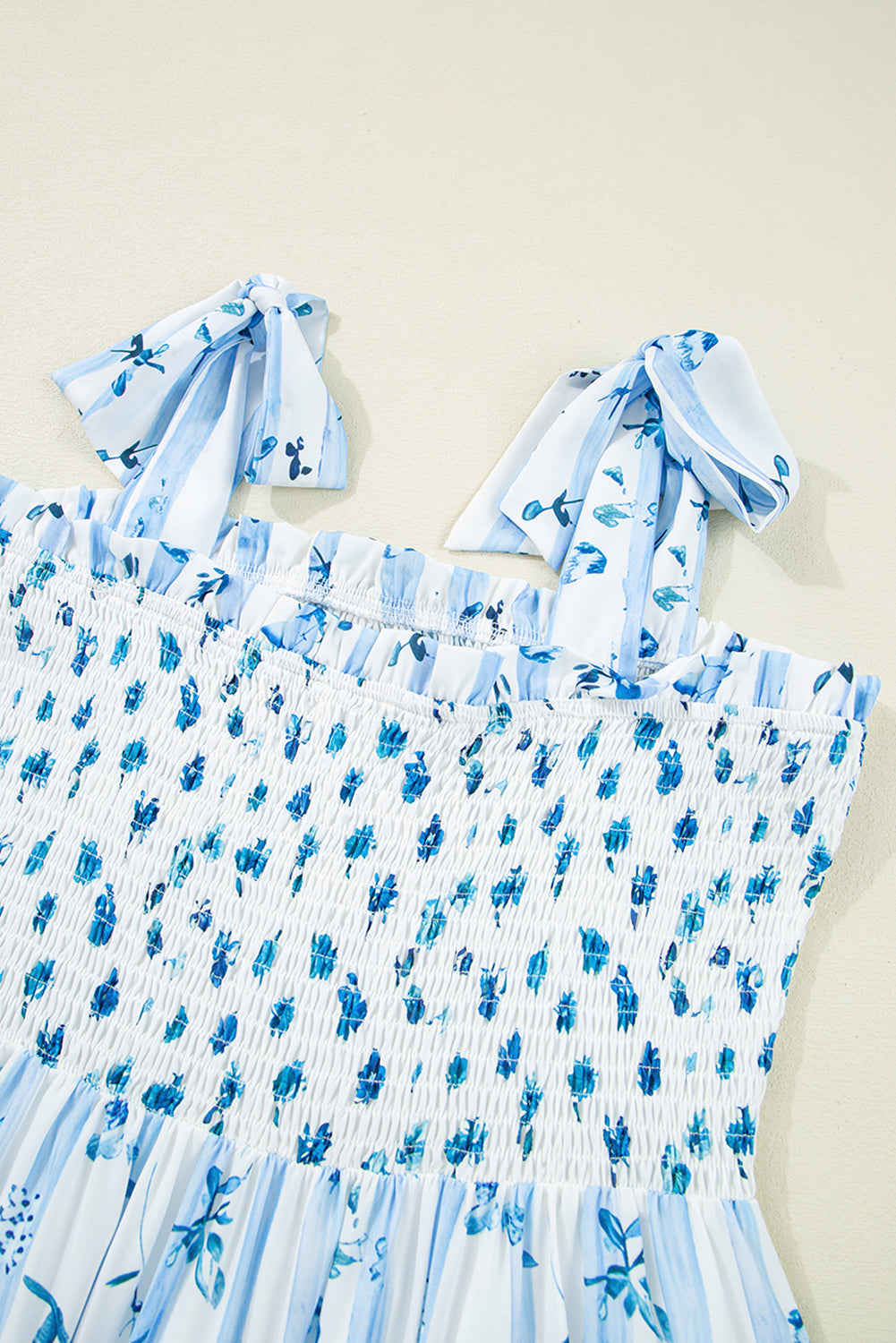 Sky Blue Floral Smocked Tied Straps A-Lined Tiered Long Dress Maxi Dresses JT's Designer Fashion