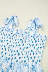 Sky Blue Floral Smocked Tied Straps A-Lined Tiered Long Dress Maxi Dresses JT's Designer Fashion