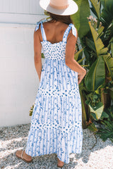 Sky Blue Floral Smocked Tied Straps A-Lined Tiered Long Dress Maxi Dresses JT's Designer Fashion