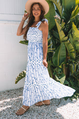Sky Blue Floral Smocked Tied Straps A-Lined Tiered Long Dress Maxi Dresses JT's Designer Fashion