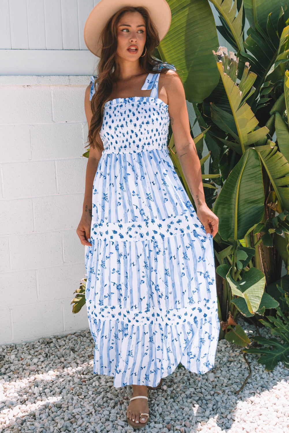 Sky Blue Floral Smocked Tied Straps A-Lined Tiered Long Dress Maxi Dresses JT's Designer Fashion