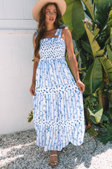Sky Blue Floral Smocked Tied Straps A-Lined Tiered Long Dress Maxi Dresses JT's Designer Fashion