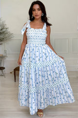 Sky Blue Floral Smocked Tied Straps A-Lined Tiered Long Dress Maxi Dresses JT's Designer Fashion