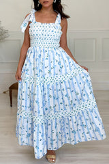 Sky Blue Floral Smocked Tied Straps A-Lined Tiered Long Dress Maxi Dresses JT's Designer Fashion