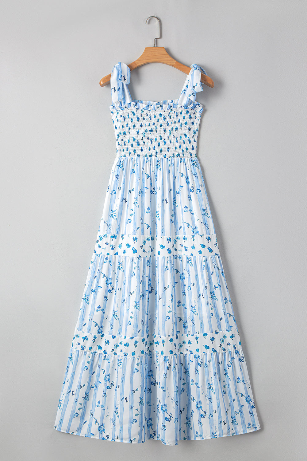 Sky Blue Floral Smocked Tied Straps A-Lined Tiered Long Dress Maxi Dresses JT's Designer Fashion