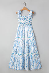Sky Blue Floral Smocked Tied Straps A-Lined Tiered Long Dress Maxi Dresses JT's Designer Fashion