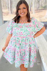 White Floral Print Ric-rac Trim Square Neck Plus Size Mini Dress Plus Size Mini Dresses JT's Designer Fashion