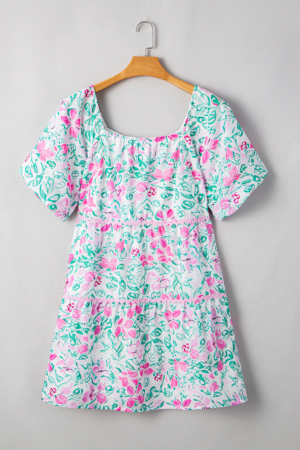 White Floral Print Ric-rac Trim Square Neck Plus Size Mini Dress Plus Size Mini Dresses JT's Designer Fashion