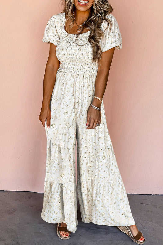 White Fresh Floral Shirred High Waist Short Sleeve Jumpsuit Jumpsuits & Rompers JT's Designer Fashion