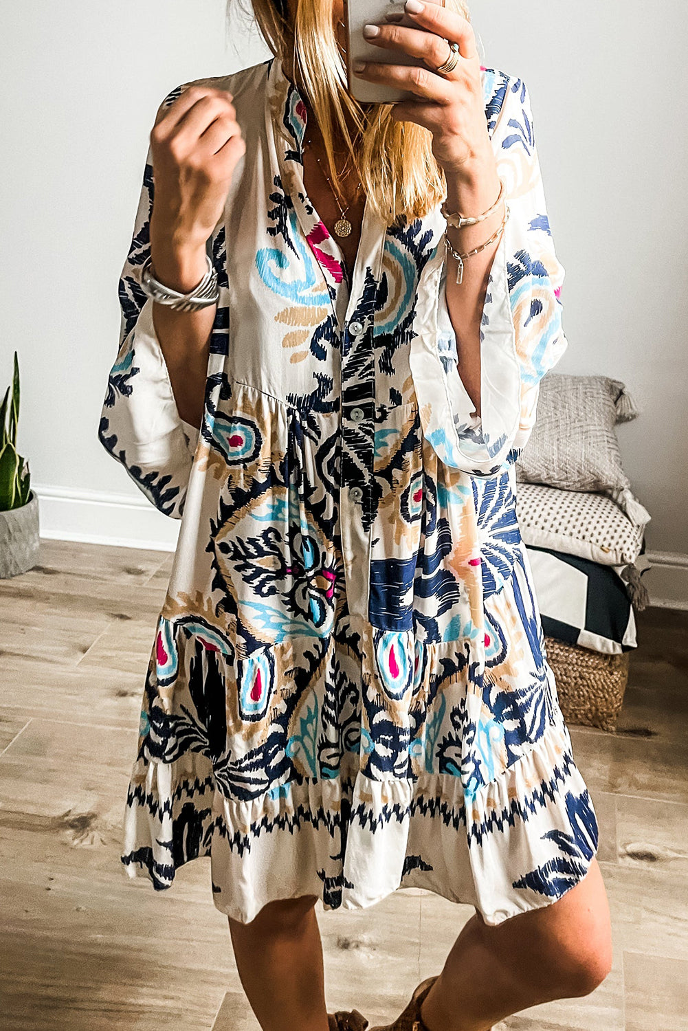 White Printed Tribal Bracelet Sleeve Buttoned Mini Dress Mini Dresses JT's Designer Fashion