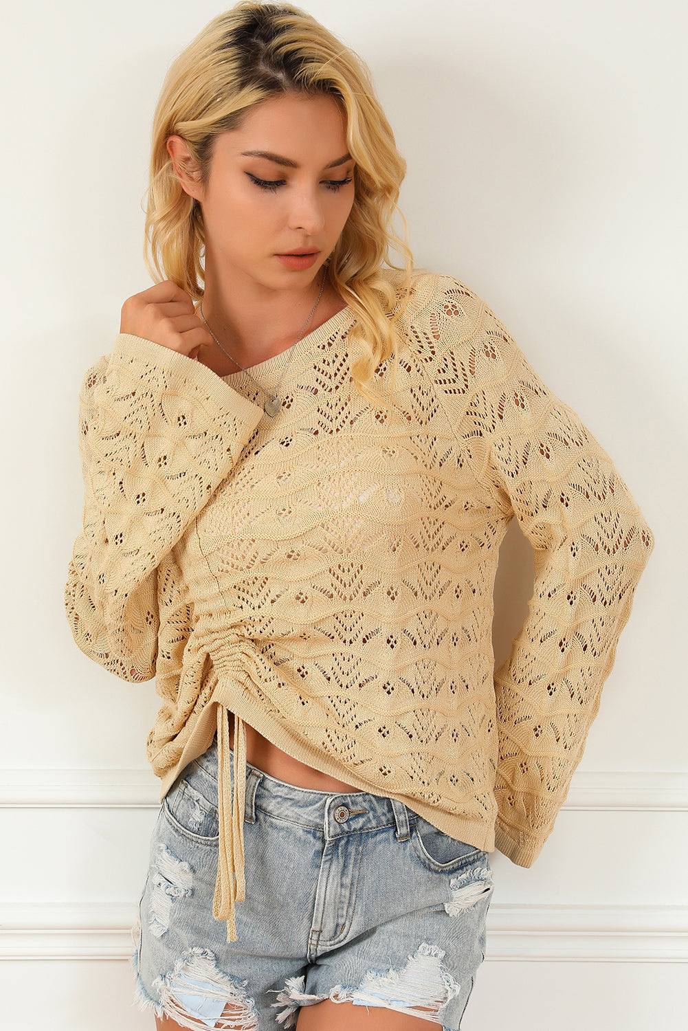Khaki Hollowed Knit Asymmetric Drawstring Sweater Sweaters & Cardigans JT's Designer Fashion