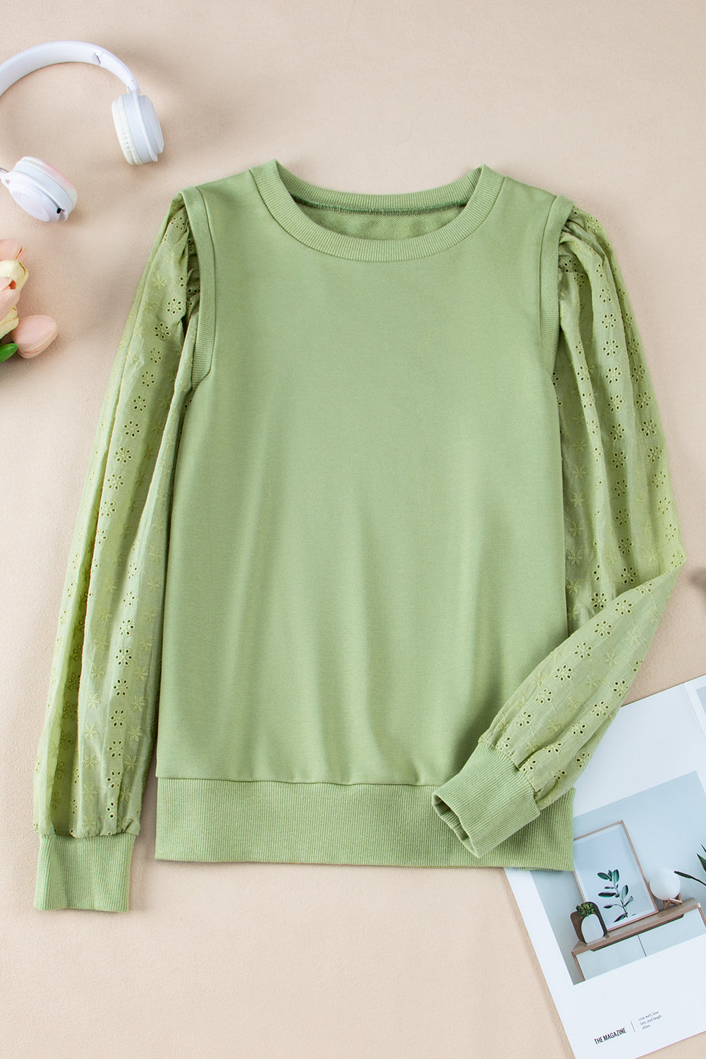 Mist Green Solid Patchwork Sleeve Round Neck Sweatshirt Sweatshirts & Hoodies JT's Designer Fashion