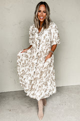 Khaki Floral Puff Sleeve V Neck Buttoned Front Long Dress Maxi Dresses JT's Designer Fashion