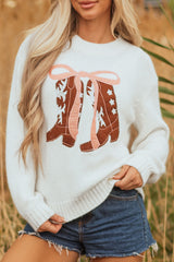 White Embroidered Bow Boots Graphic Drop Shoulder Sweater Sweaters JT's Designer Fashion