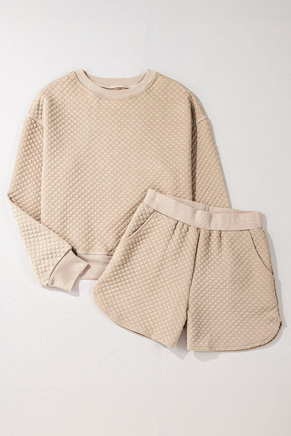 Parchment Solid Color Quilted Long Sleeve Top and Shorts Set Short Sets JT's Designer Fashion
