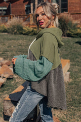Laurel Green Mixed Textured Colorblock Patchwork Wide Sleeve Frayed High Low Hooded Top Long Sleeve Tops JT's Designer Fashion
