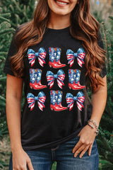 Black Stars and Stripes Bowknot Cowgirl Boots Graphic Patriotic Tee Graphic Tees JT's Designer Fashion