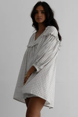 White Stripe Checkered Frilled V Neck Bracelet Sleeve Babydoll Dress Mini Dresses JT's Designer Fashion