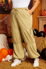 Beige Drawstring Adjusted Band High Waist Plus Size Pants Plus Size Bottoms JT's Designer Fashion