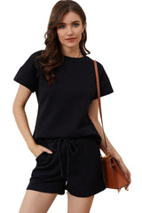 Black 2pcs Solid Textured Drawstring Shorts Set Short Sets JT's Designer Fashion