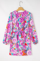 Purple Floral Keyhole Back Long Sleeve Belted Dress Floral Dresses JT's Designer Fashion