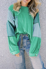 Green Colorblock Stitching Patchwork Buttoned Long Sleeve Top Long Sleeve Tops JT's Designer Fashion