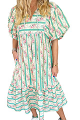 Multicolour Striped Floral Print Tie Split Neck Puff Sleeve Midi Dress Floral Dresses JT's Designer Fashion