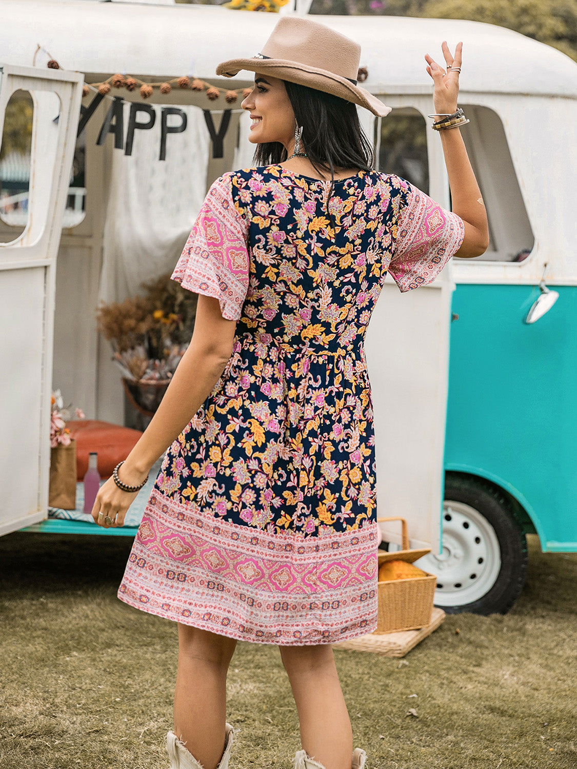 Printed V-Neck Short Sleeve Dress Mini Dresses JT's Designer Fashion