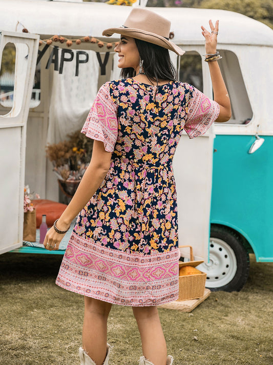 Printed V-Neck Short Sleeve Dress Mini Dresses JT's Designer Fashion