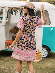 Printed V-Neck Short Sleeve Dress Mini Dresses JT's Designer Fashion