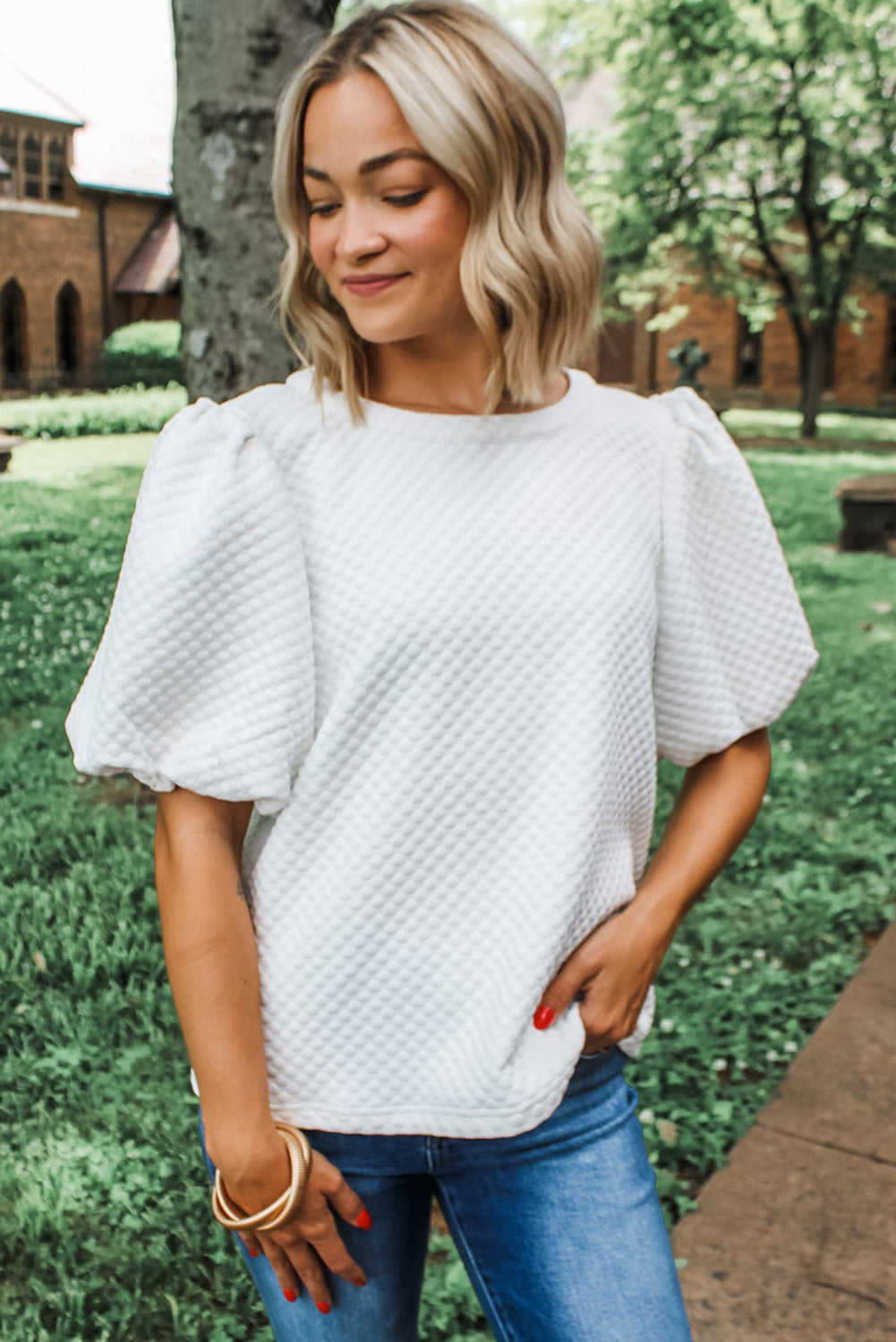 White Solid Textured O Neck Puff Sleeve Blouse Blouses & Shirts JT's Designer Fashion