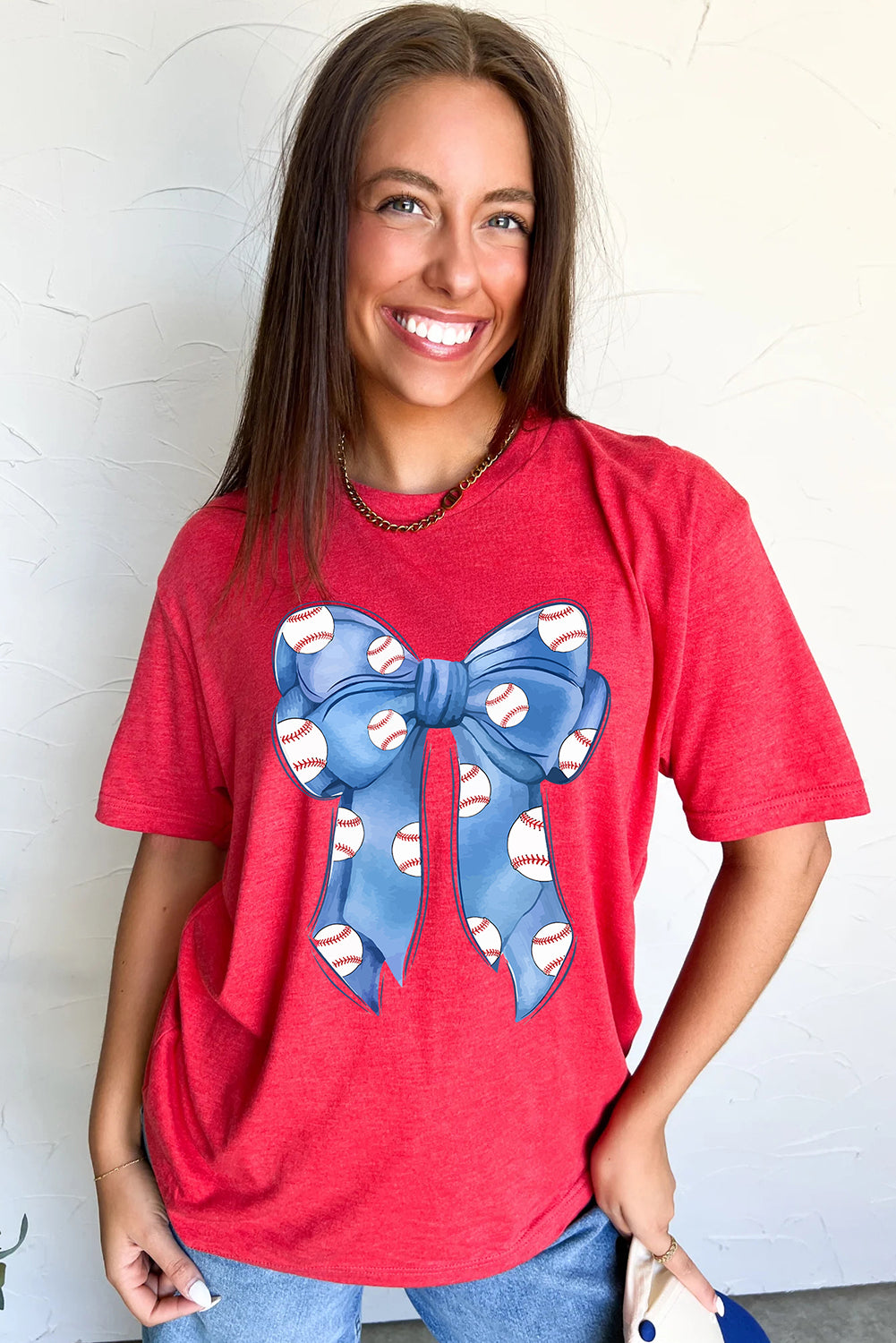 Red Rugby Bowknot Graphic Crew Neck Tee Graphic Tees JT's Designer Fashion