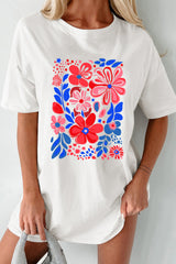 White Floral Print Half Sleeve Round Neck Oversized Tee Graphic Tees JT's Designer Fashion