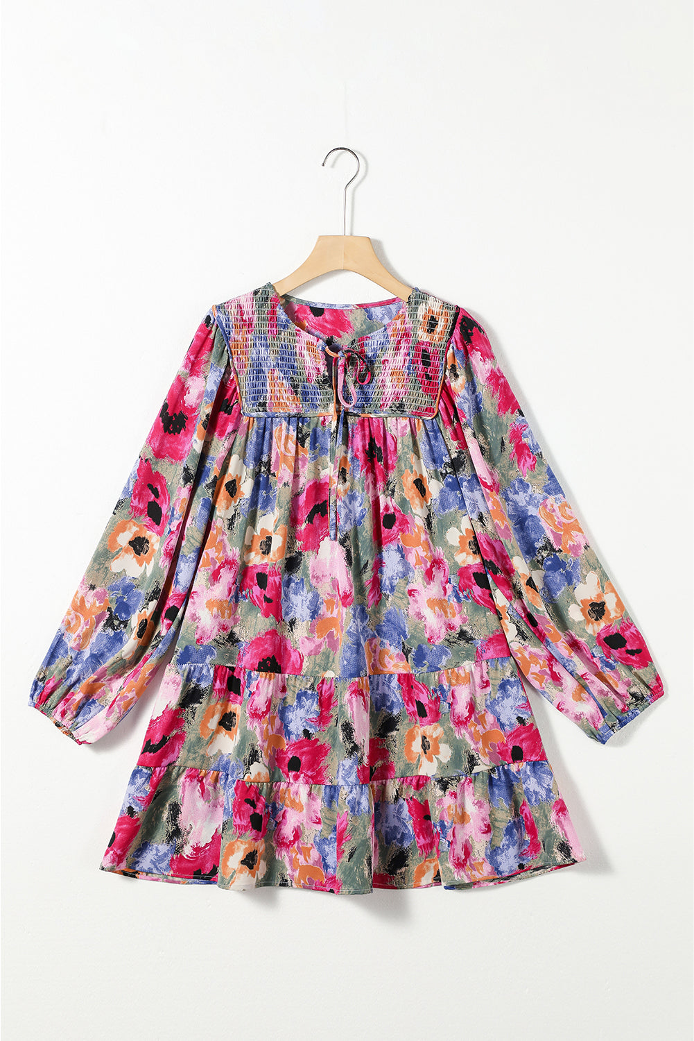 Multicolour Floral Tie Neck Bubble Sleeve Shift Dress Floral Dresses JT's Designer Fashion