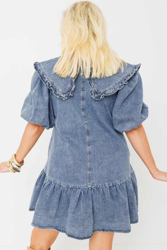 Dusk Blue Ruffled Collared Side Pockets Puff Sleeve Denim Mini Dress Mini Dresses JT's Designer Fashion