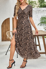 Brown Mesh Leopard Floral Reversible V Neck Short Sleeve Dress Dresses JT's Designer Fashion
